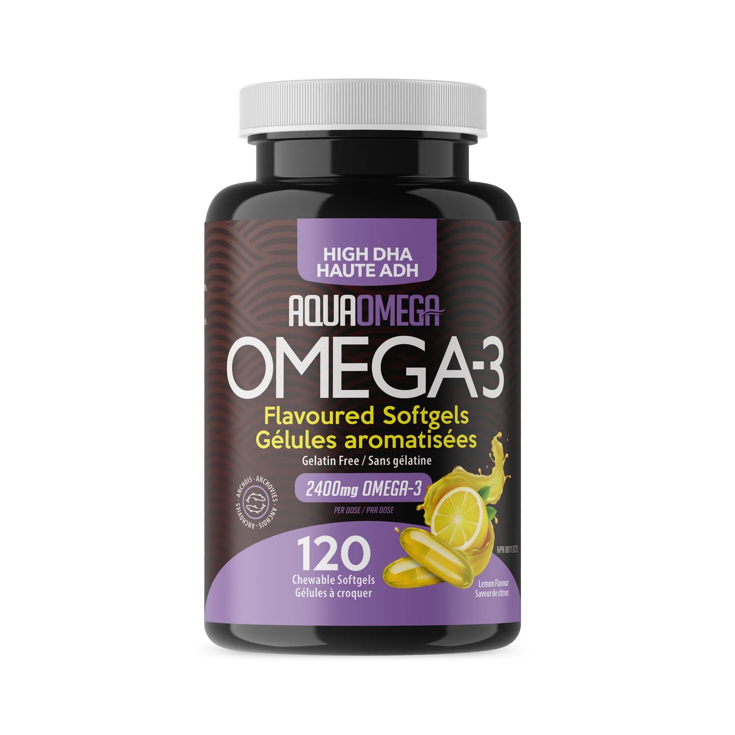 AquaOmega Oméga-3 DHA élevé Citron 120 gélules à croquer